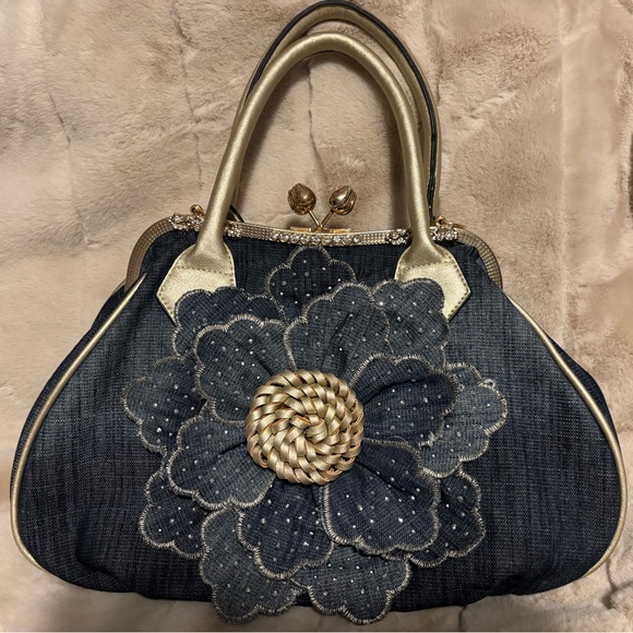 Source Unknown Handbags - Source Unknown Denim and Gold Floral Shoulder Bag